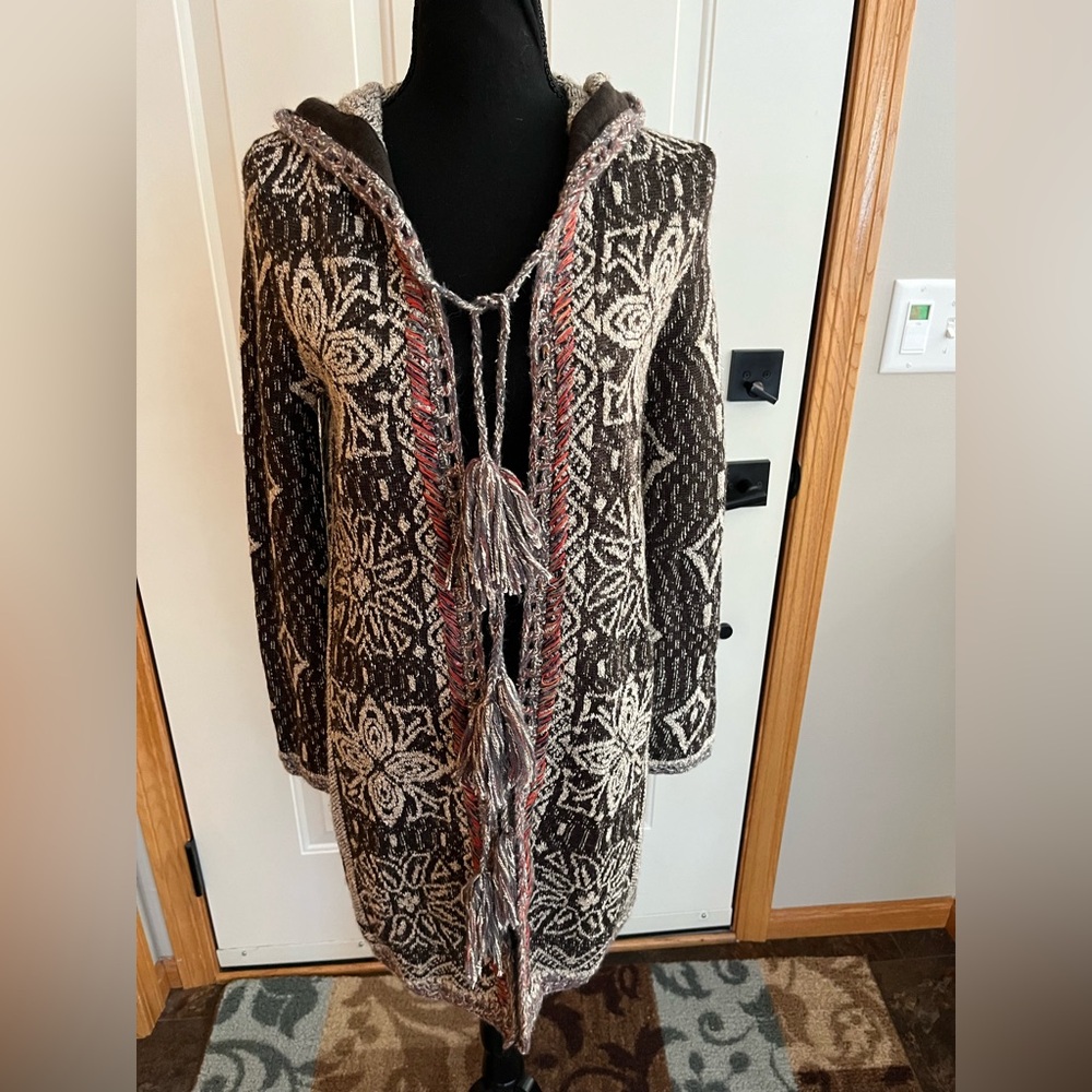 Free People Kai Brown boho hooded tassel floral open front cardigan duster.Small